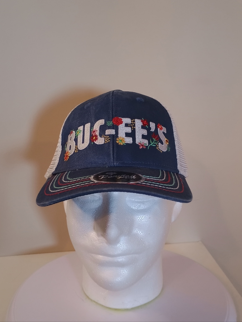 BUC-EES Navy Floral Mesh Ponytail Trucker Cap - Picture 7 of 7